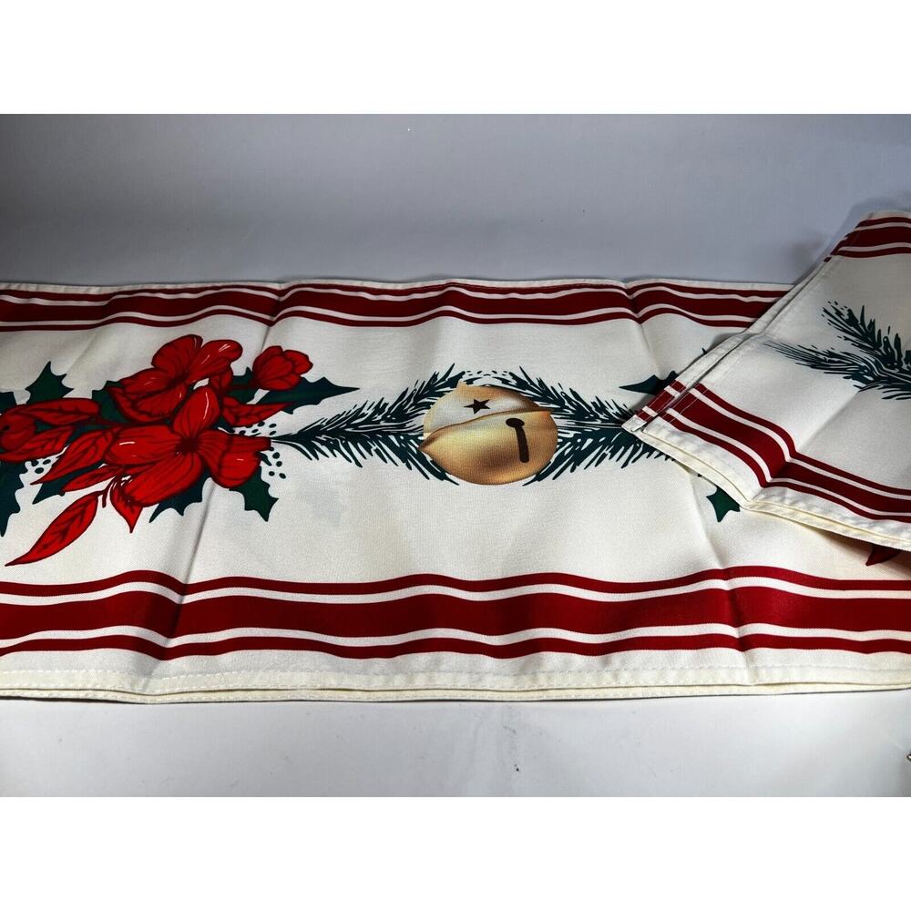 Holiday Table Runner Poinsettia Bells Red Gold Christmas Cloth 6 ft Softalker